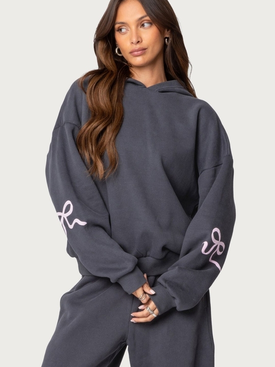 Edikted Tops - Edikted Charcoal Hoodie with Light Pink Sleeve Script Accents-XS